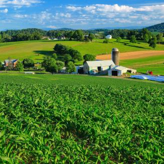 Scenic farm landscape with mountains in background