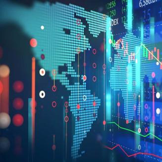Graphic of stock ticker and map of Americas