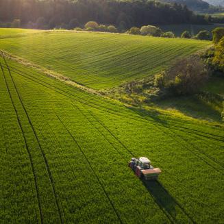 A tractor drives through a large green field
