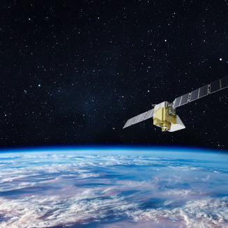 A rendering of Methane SAT flying over the Earth