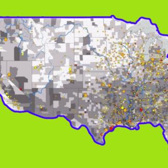 U.S. map with dots indicating chemical exposures, spread throughout many regions..