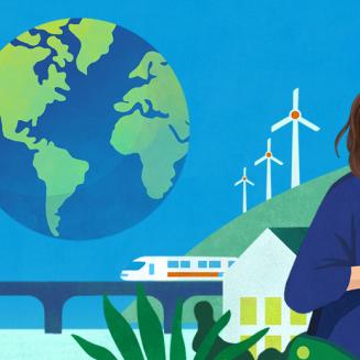 Illustration of the Earth, windmills and Degrees podcast host.