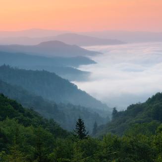 Blue Ridge Mountains at sunrise. Forests cover the mountains.