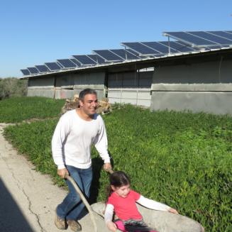 Man pushing his son in a wheelbarrow
