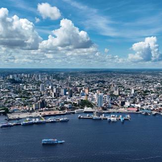 An aerial view of the city of Manaus, Brazil by the coast