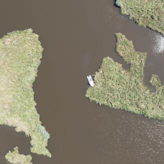 A boat navigating a wetlands region, viewed from overhead.