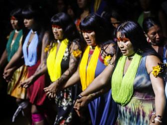 Indigenous women from the Upper Xingu at the first national indigenous women’s march in Brasilia.