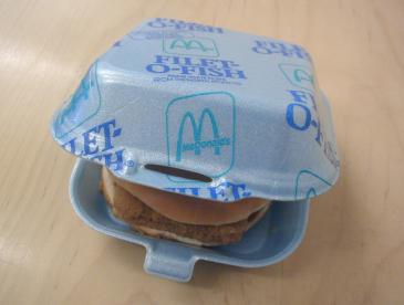 Sandwich in a McDonald's foam clamshell.