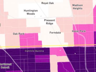 Map graphic showing a stark dividing line between Detroit communities.