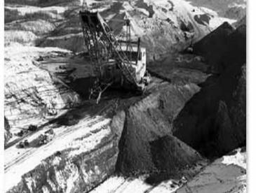 Coal mining operation, black and white photo
