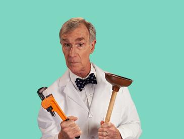 Bill Nye holding a wrench in one hand and a plunger in the other.