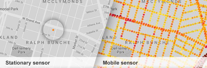 A map infographic shows how a mobile sensor can cover more ground than a stationary sensor.