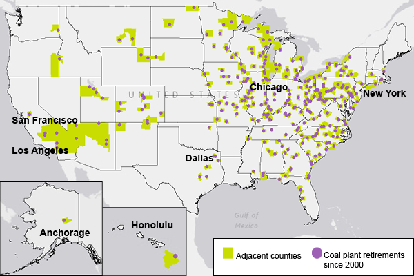 Map showing US coal plant retirements since 2000