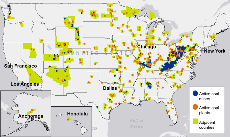 Currently operating coal plants, mines, and nearby counties in the US