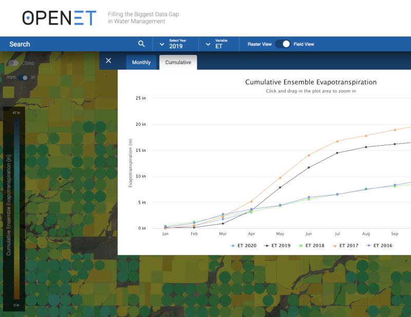 Screen capture from the OpenET platform
